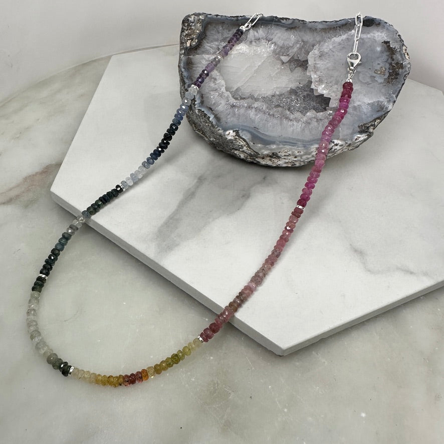 Faceted Rainbow Sapphire Beaded Necklace | Sterling Silver