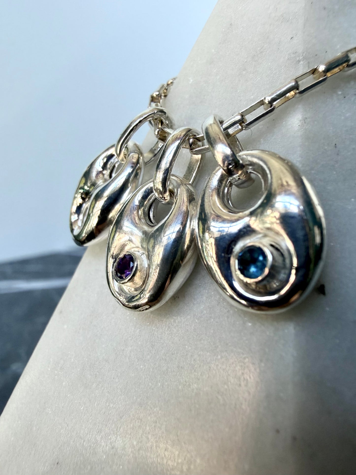 Puffed Anchor Gemstone Charm Pendant | Sterling Silver