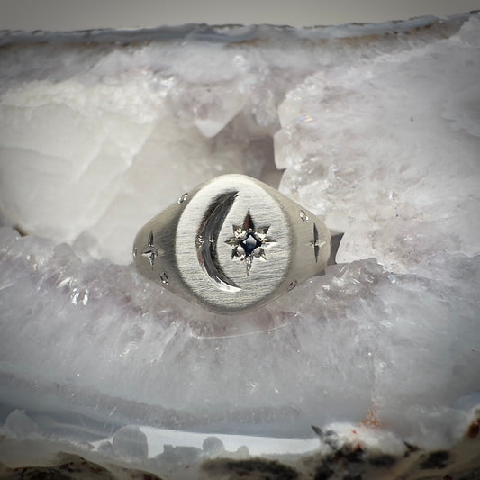 Moon and Star Engraved Ring with Sapphire