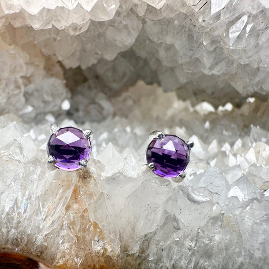 Rose Cut Amethyst Stud Earrings | Sterling Silver