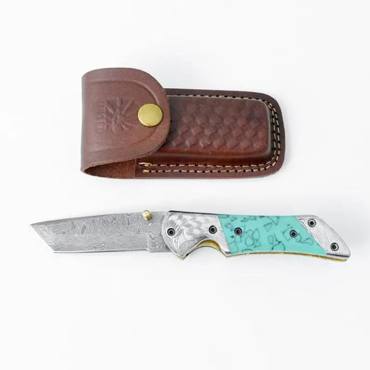 Faux Turquoise and Damascus Steel Pocket Knife