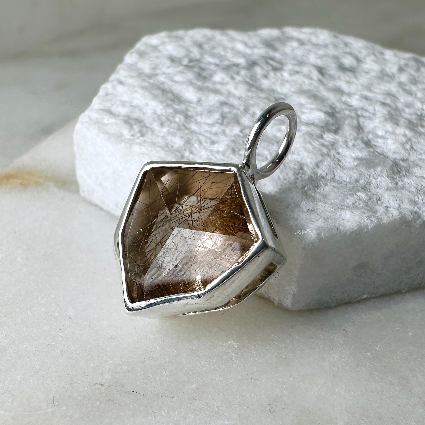 Geometric Rutile Quartz Charm Pendant | Sterling Silver