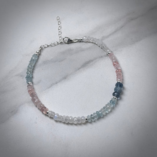 Aquamarine, Moonstone and Morganite Beaded Bracelet | Sterling Silver | Adjustable
