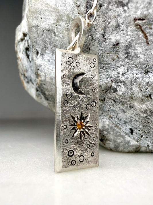 Sun & Moon Orange Sapphire Charm Pendant | Sterling Silver