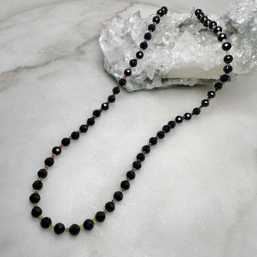 Faceted Black Spinel & Rainbow Sapphire Beaded Necklace | Sterling Silver