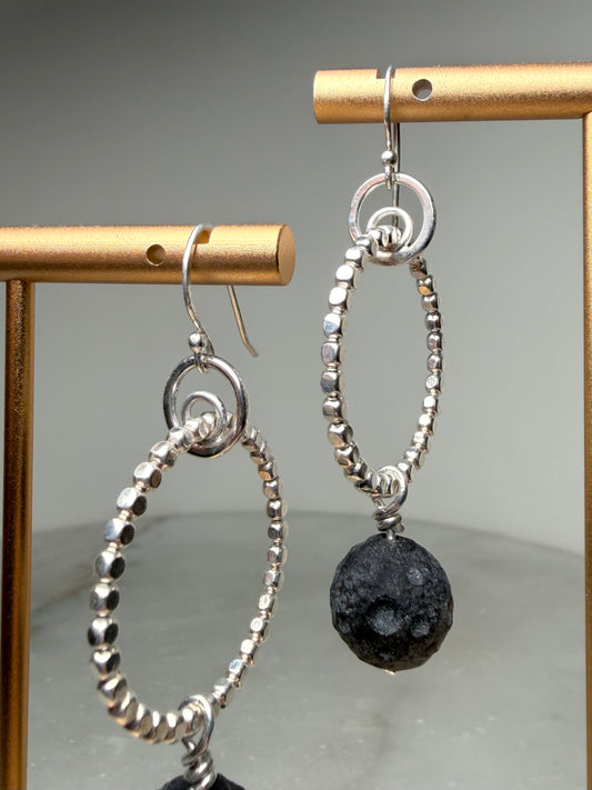 Lunar Obsidian Hoop Earrings | Sterling Silver