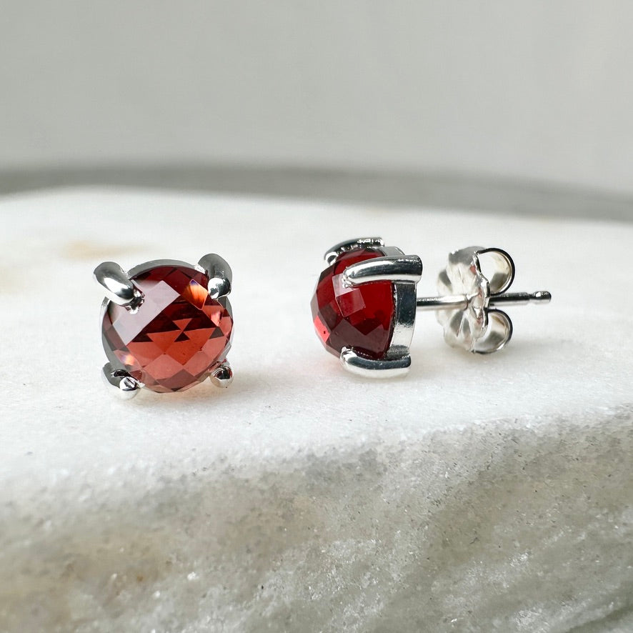 Rose Cut Red Garnet Stud Earrings | Sterling Silver