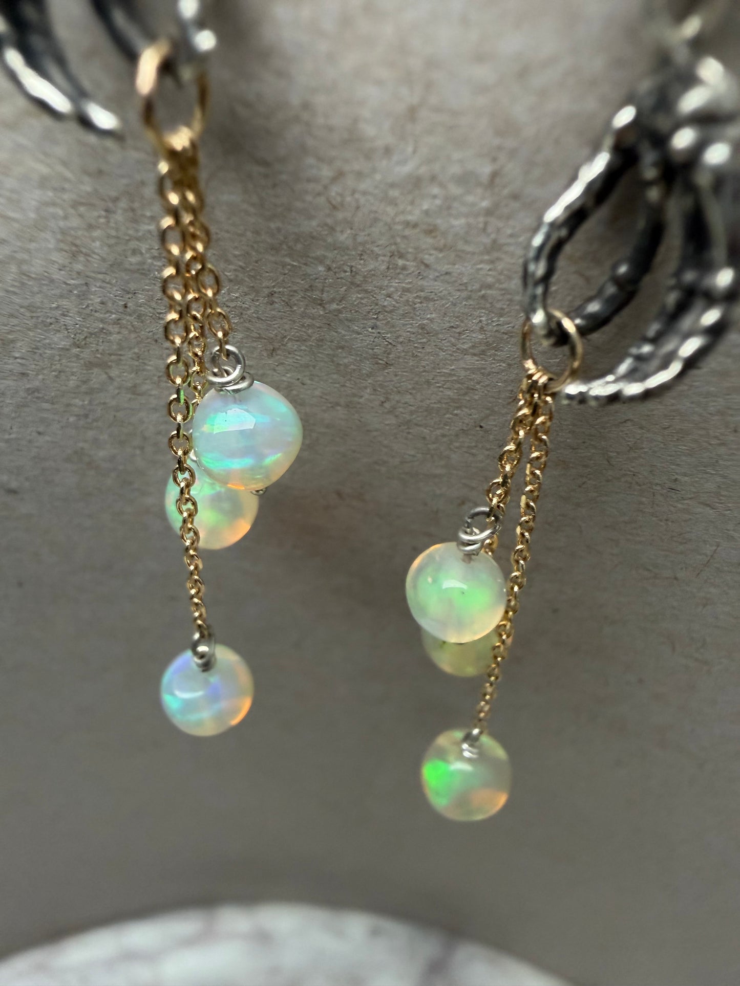Handiwork Opal & Chrysoberyl Earrings | Two Tone Blackened Silver and 14k Yellow Gold