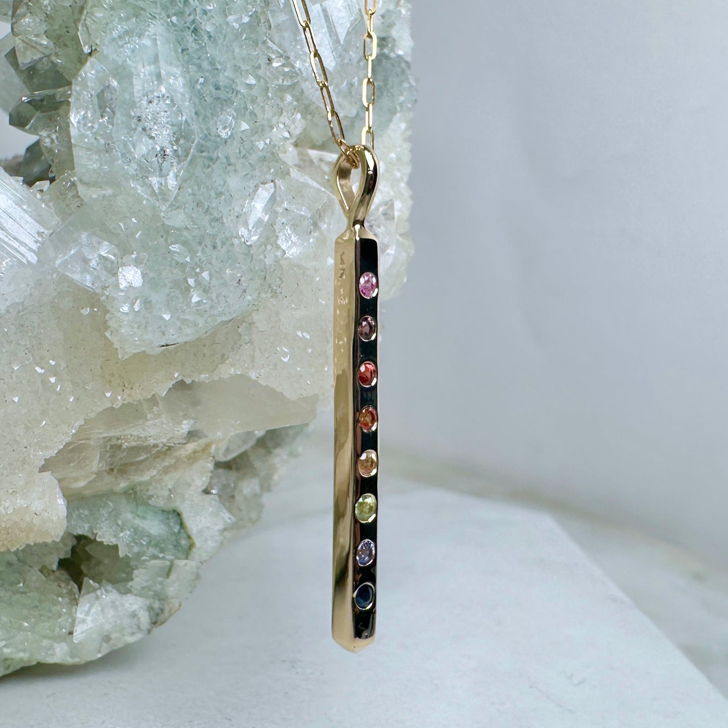 Rainbow Sapphire Bar Charm Pendant | 14k Yellow Gold