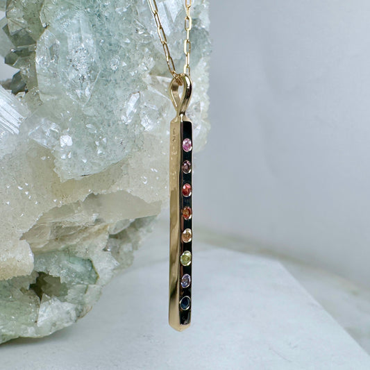 Rainbow Sapphire Bar Charm Pendant | 14k Yellow Gold