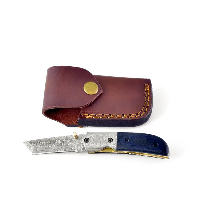 Damascus Steel Pocket Knife with Navy Blue Micarta Handle