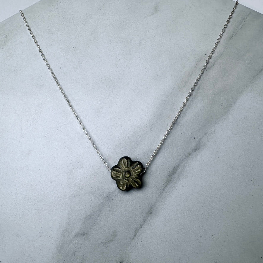 Obsidian Cherry Blossom Floating Necklace | Sterling Silver