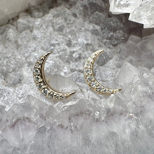Crescent Moon Pavé Diamond Studs | 14k Yellow Gold