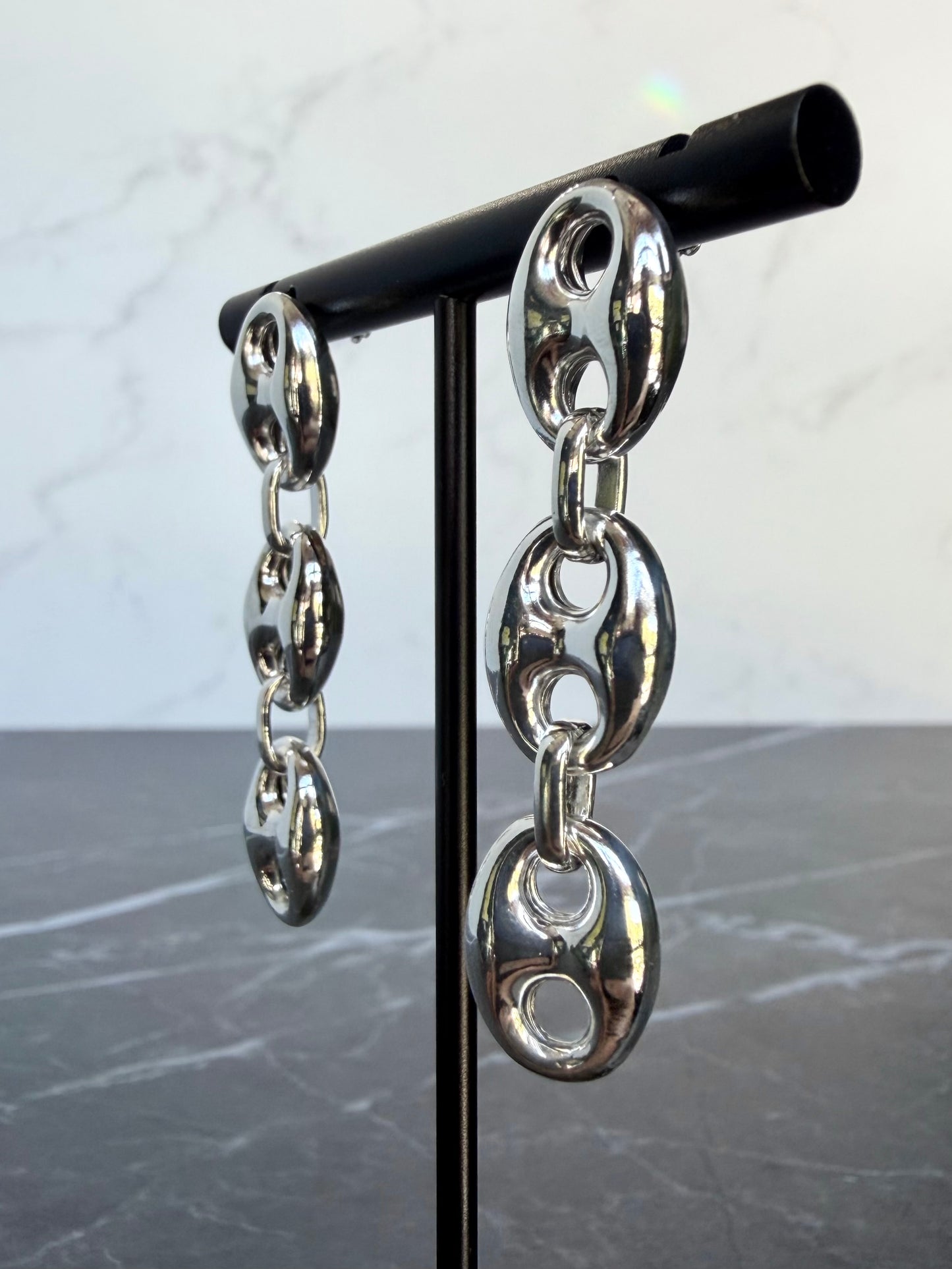 Puffed Anchor Three Link Earrings | Sterling Silver