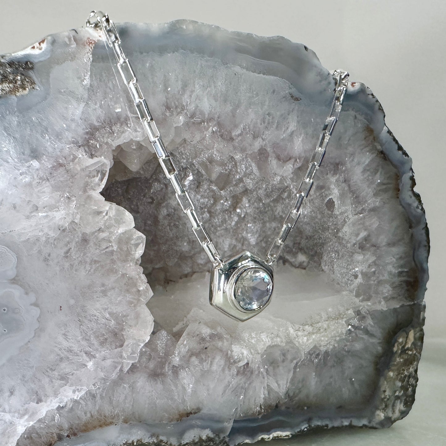 Rainbow Moonstone Hexagon Necklace | Sterling Silver