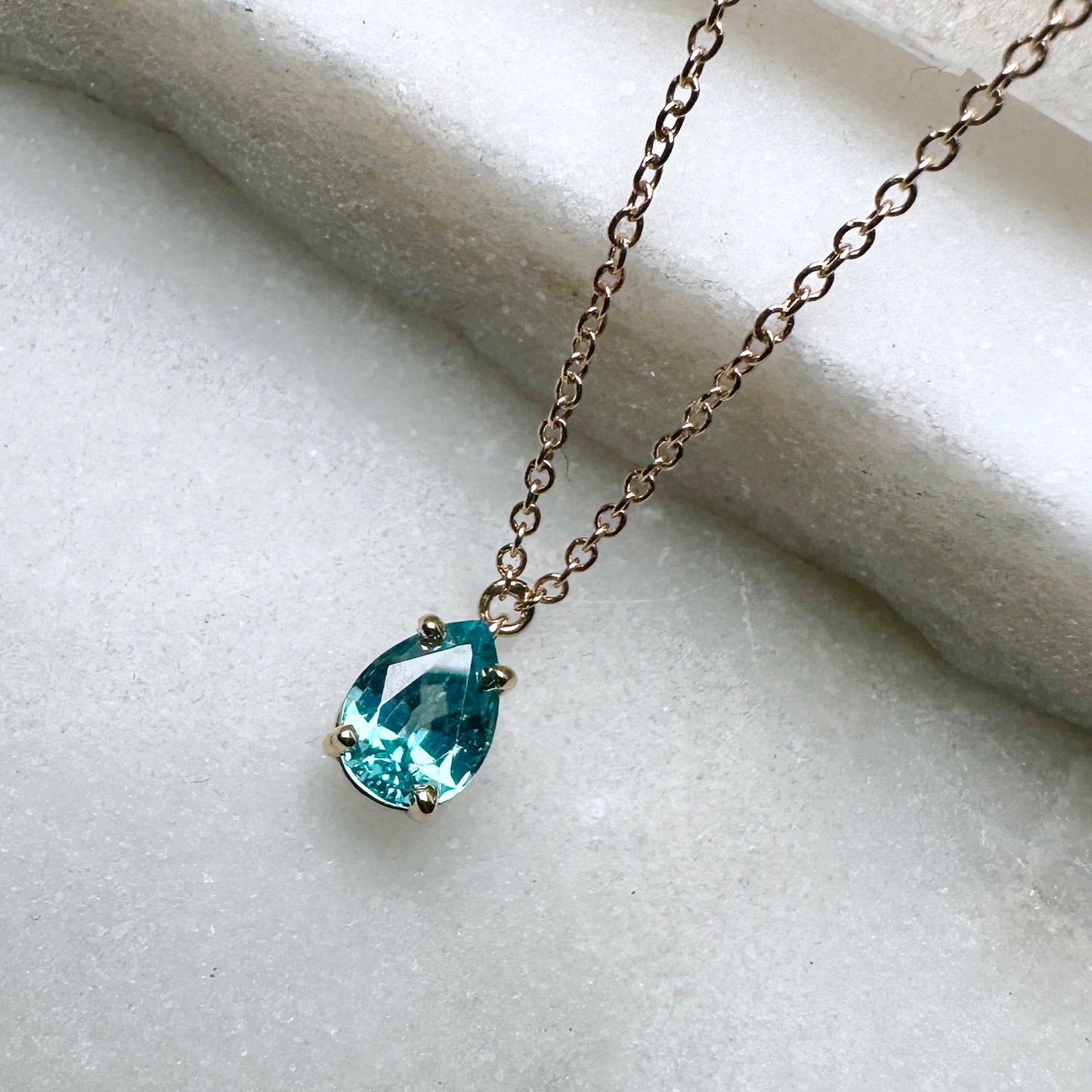 Blue Zircon Raindrop Necklace | 14k Yellow Gold