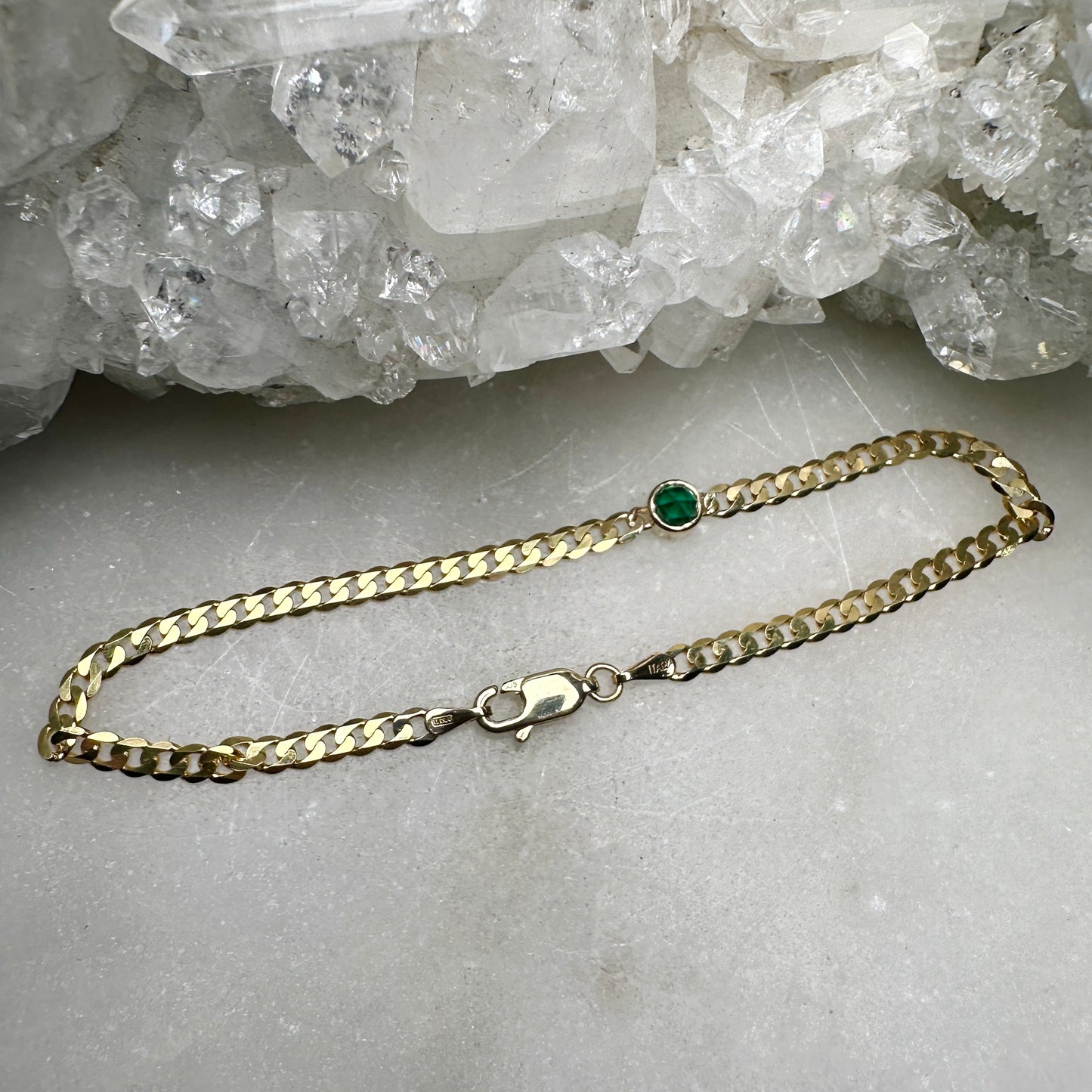 Emerald Rose Cut Curb Chain Bracelet | 14k Yellow Gold
