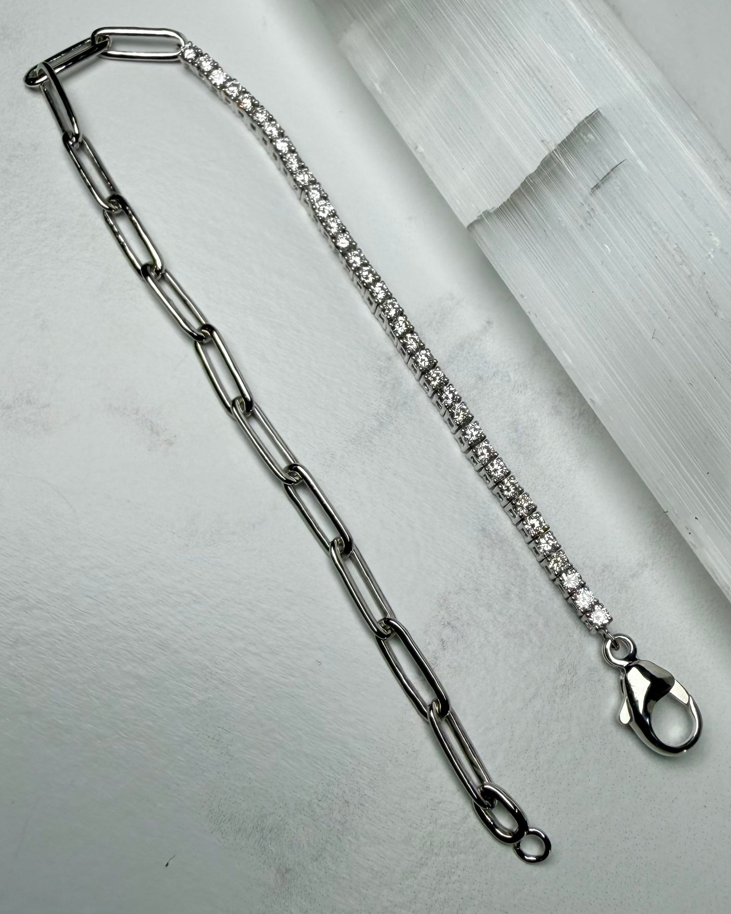 Half Tennis Half Paperclip Chain Bracelet | 14k White Gold