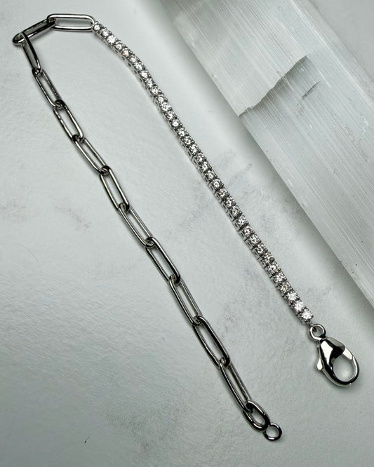 Half Tennis Half Paperclip Chain Bracelet | 14k White Gold