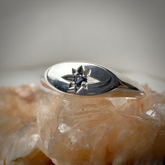Blue Sapphire Starburst Ring in Sterling Silver