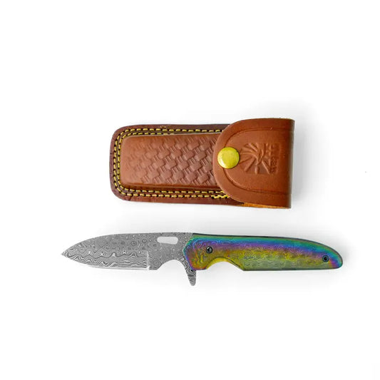 Full Damascus Steel Utility Knife with Anodized Rainbow Handle