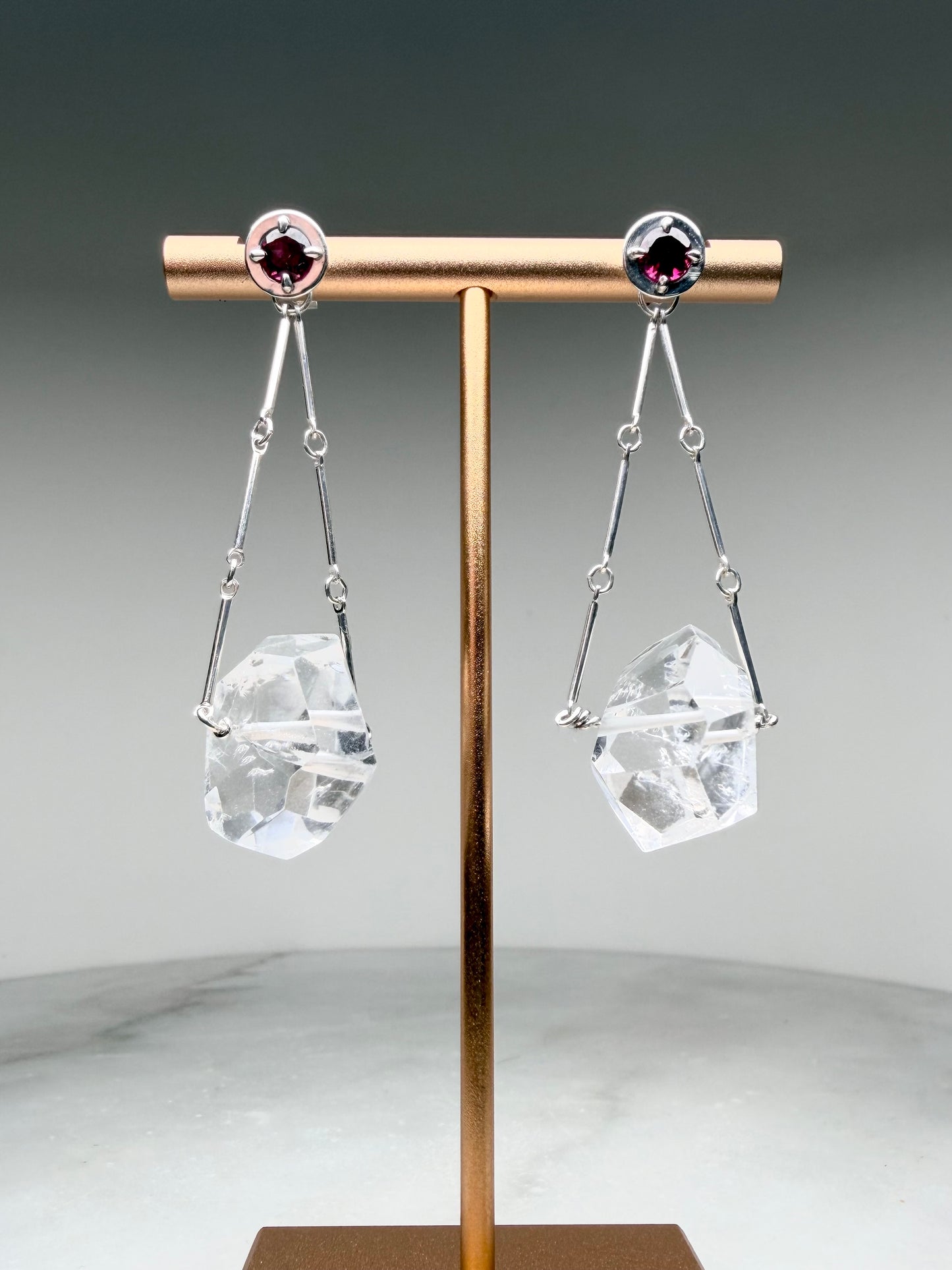 Geometric Quartz Earrings with Rhodolite Garnets | Sterling Silver