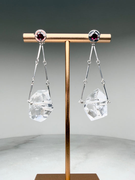 Geometric Quartz Earrings with Rhodolite Garnets | Sterling Silver