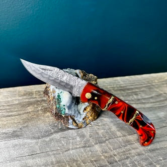 Damascus Steel Knife with Wood Patterned Red Resin Handle