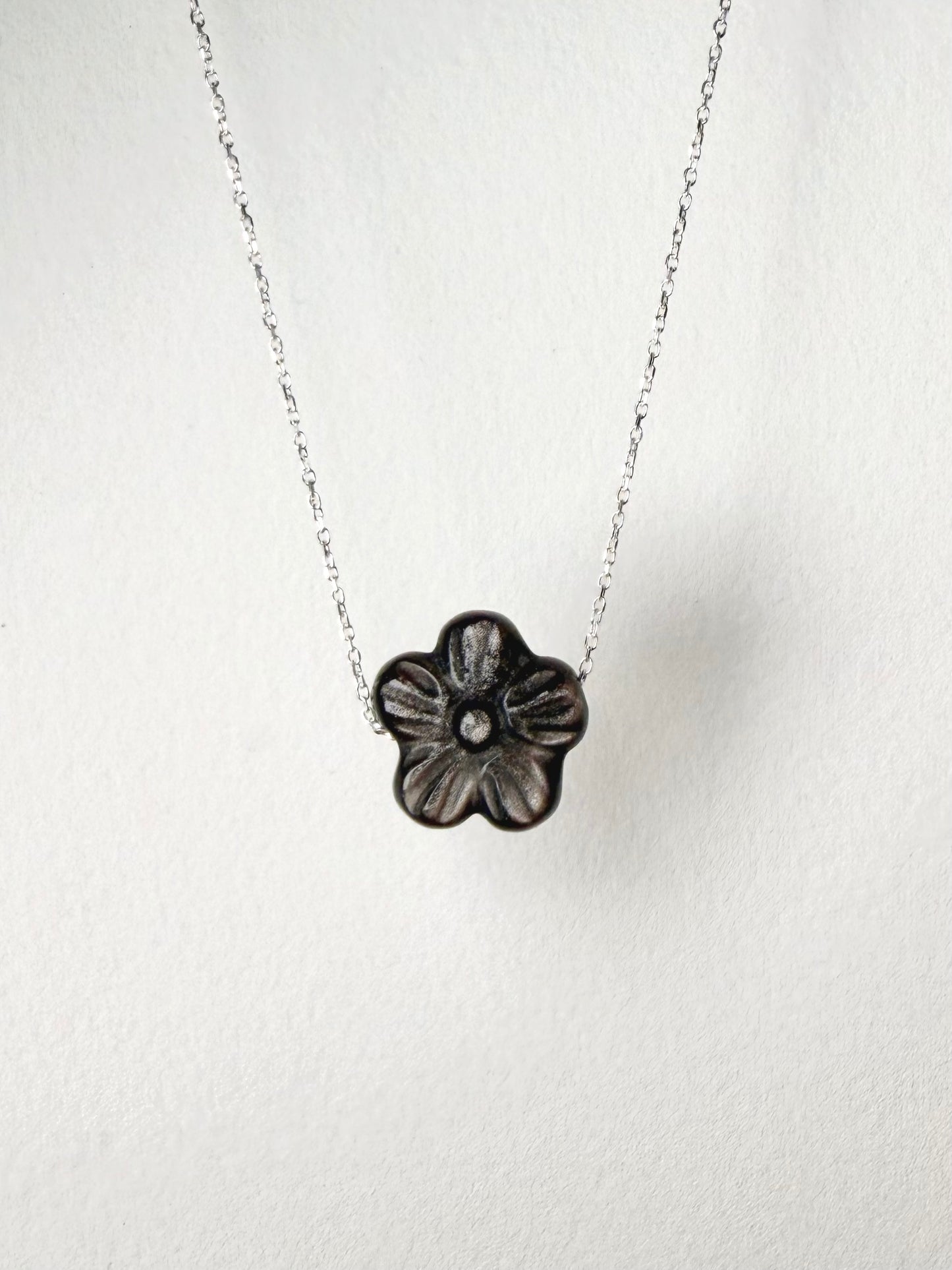 Obsidian Cherry Blossom Floating Necklace | Sterling Silver
