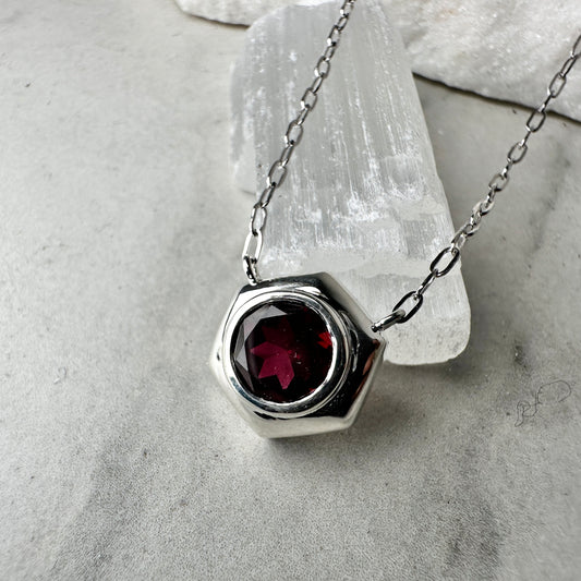 Garnet Hexagon Necklace | Sterling Silver