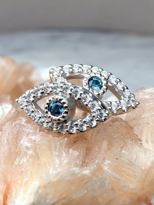 Evil Eye Studs with London Blue Topaz | 14k White Gold