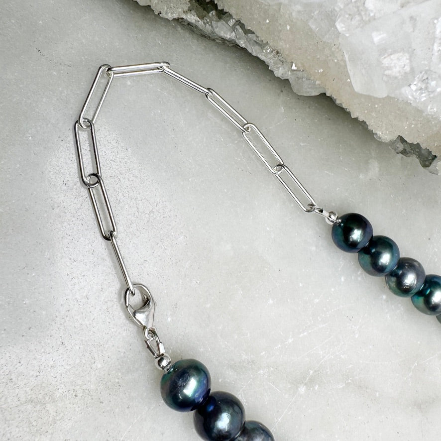 Iridescent Blue Peacock Pearl Necklace | Sterling Silver