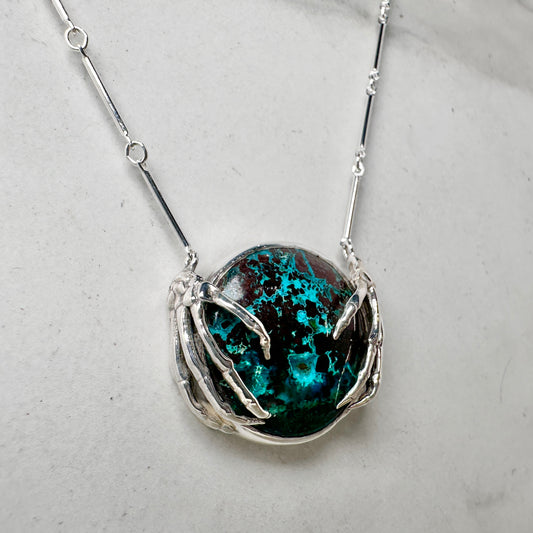 Skeleton Hands Necklace with Chrysocolla
