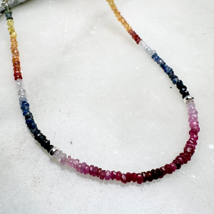 Rainbow Sapphire Beaded Necklace | Sterling Silver