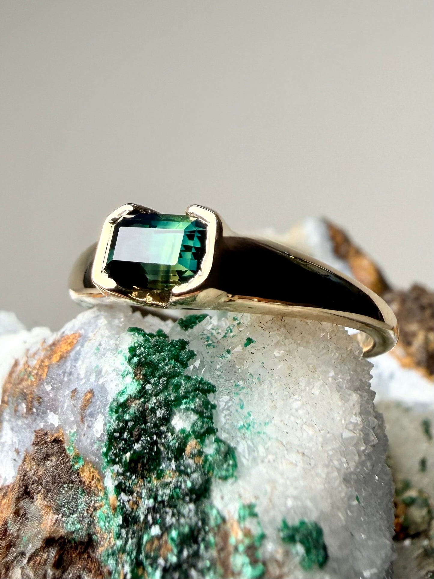 Evergreen Sapphire Half Bezel Ring | 14k Yellow Gold