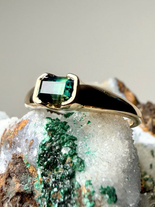 Evergreen Sapphire Half Bezel Ring | 14k Yellow Gold