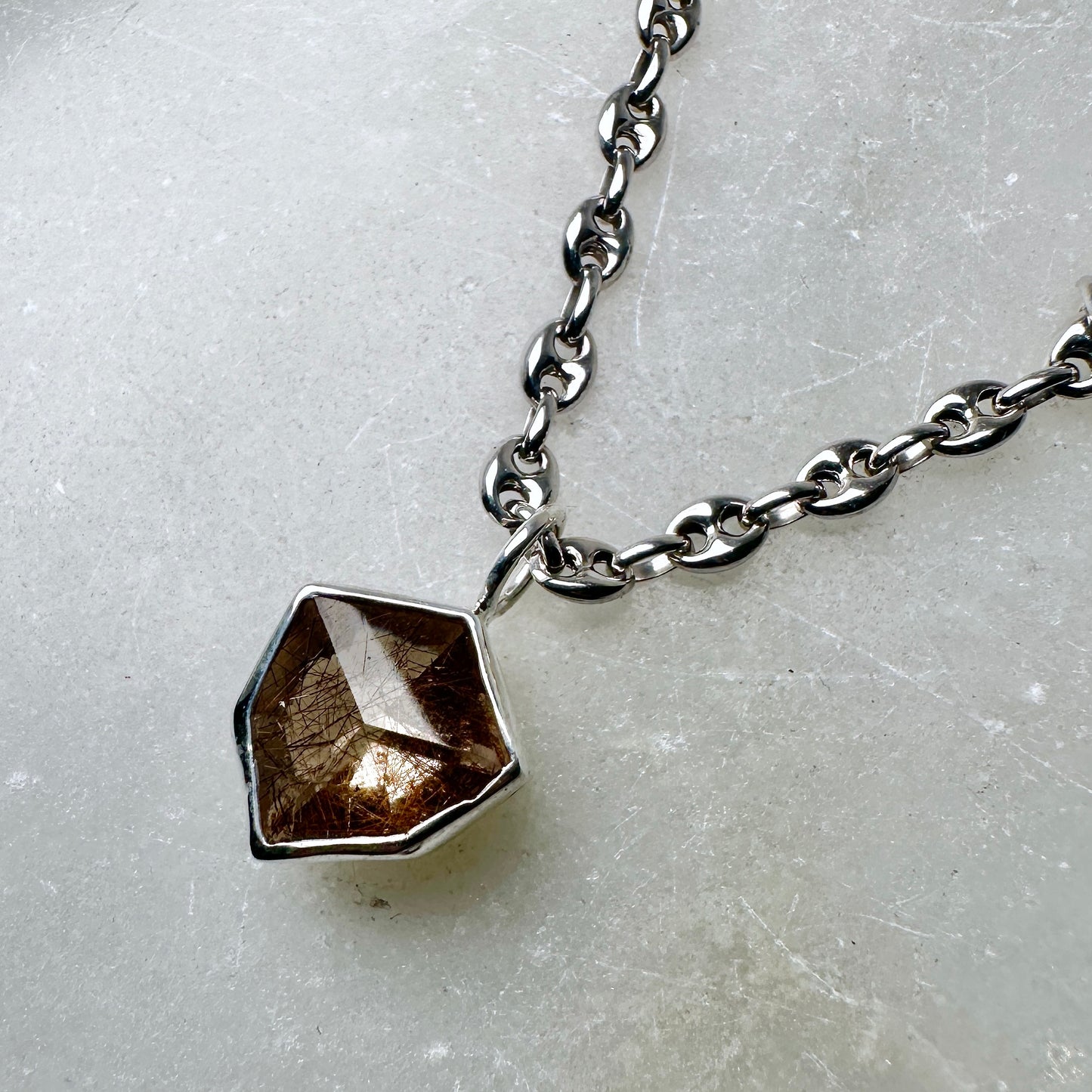 Geometric Rutile Quartz Charm Pendant | Sterling Silver