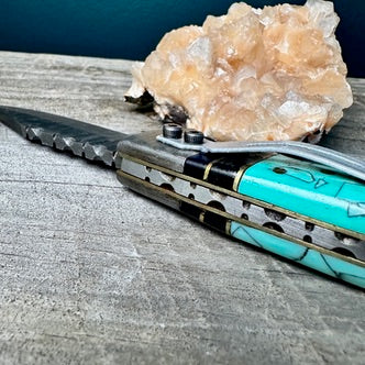 Damascus Steel and Turquoise Resin with Wood Accents Utility Knife