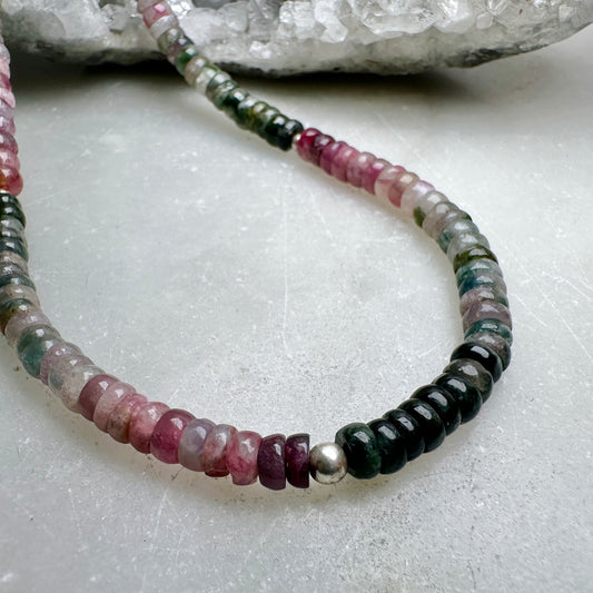 Watermelon Tourmaline Beaded Necklace | Sterling Silver