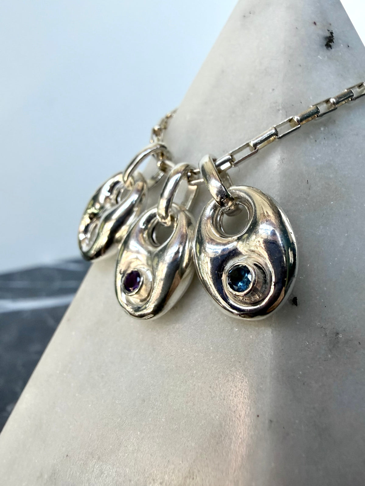 Puffed Anchor Gemstone Charm Pendant | Sterling Silver