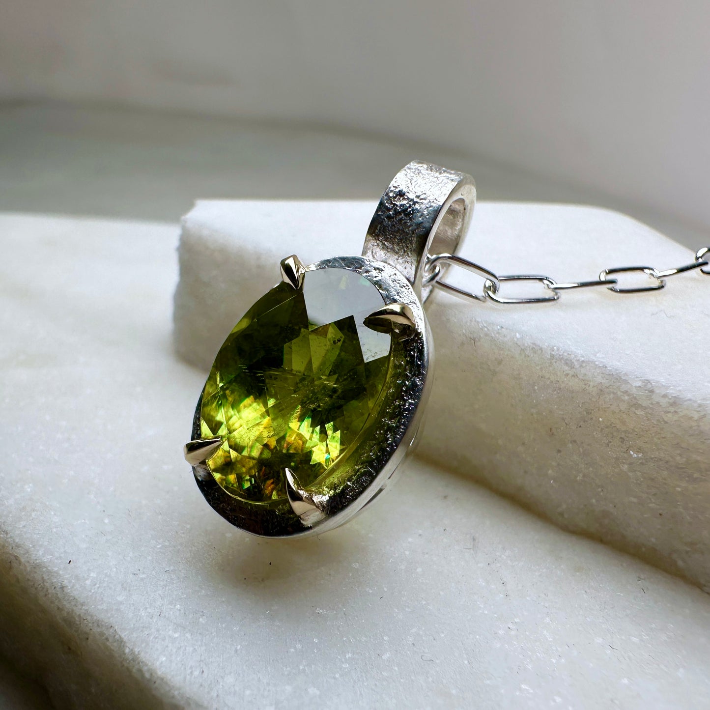 Chartreuse Sphene Granite Pendant | 14k Yellow Gold & Sterling Silver Mixed Metals