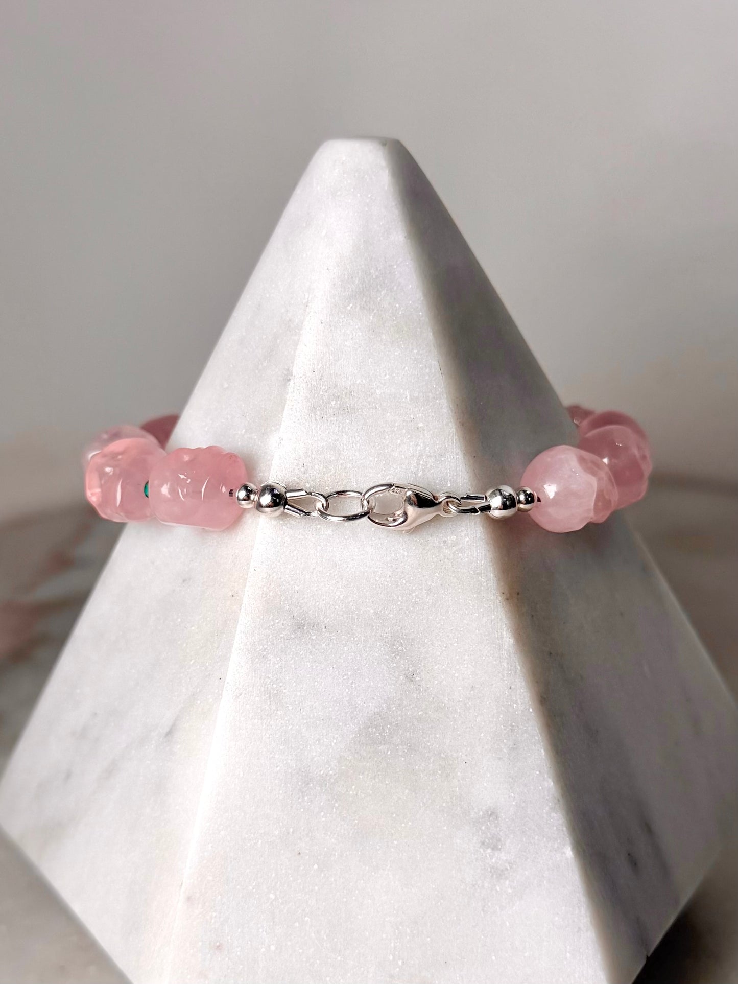 Rose Quartz Skull Gemstone Bracelet | Sterling Silver