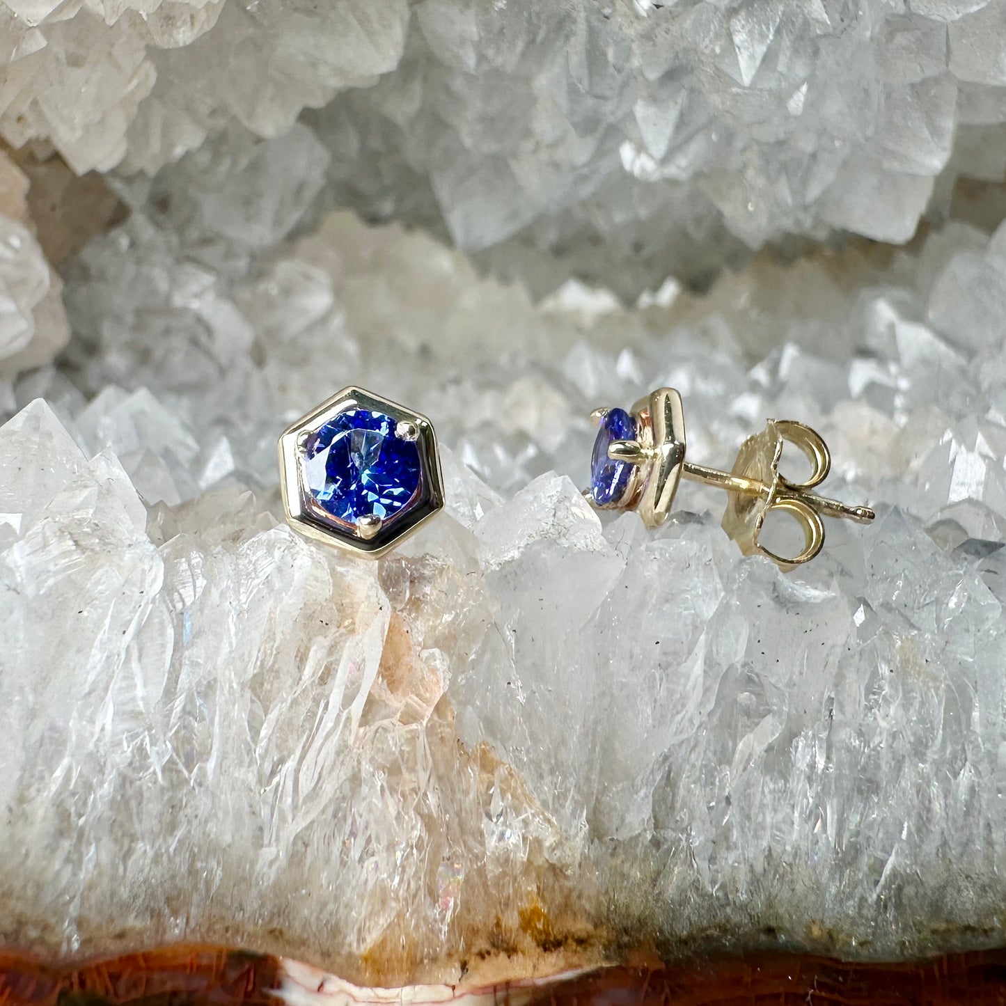 Tanzanite Hex Studs | 14k Yellow Gold