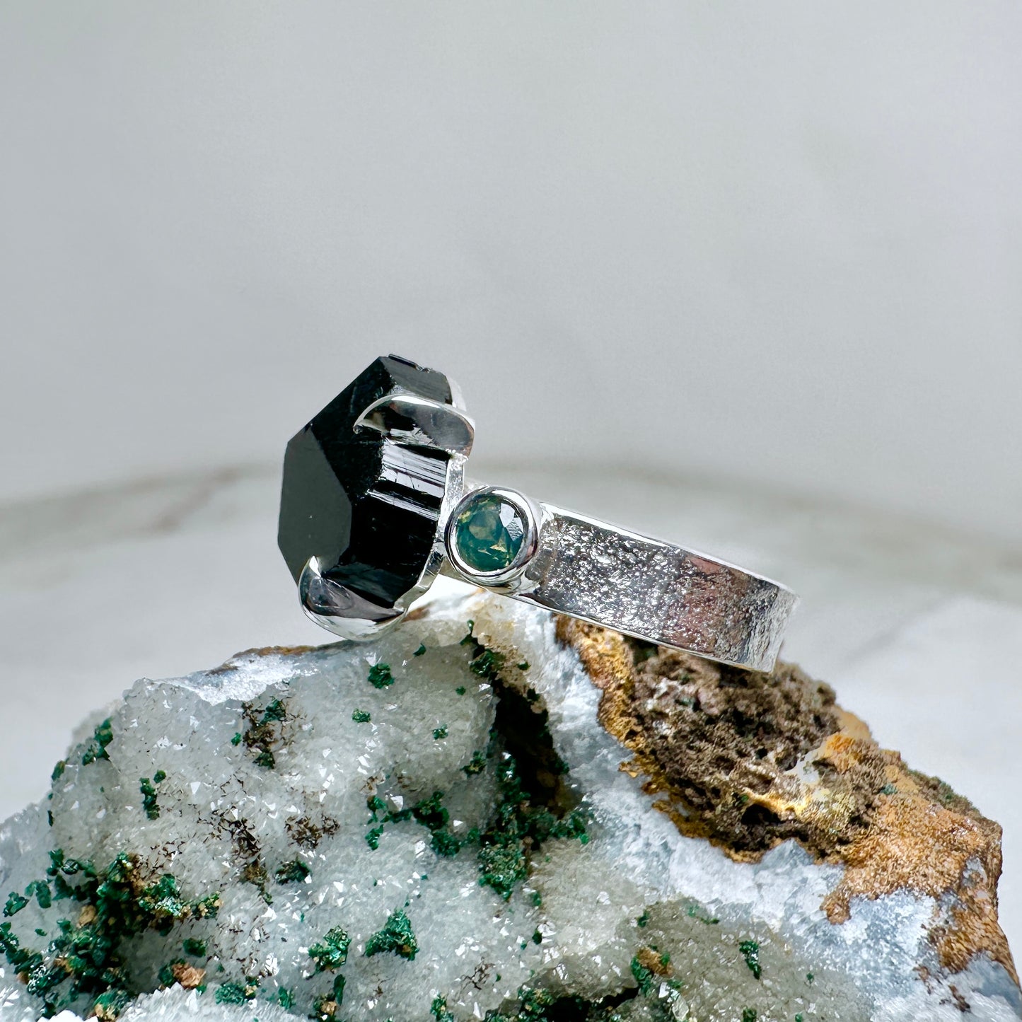 Black Tourmaline & Sapphire Statement Ring | Sterling Silver