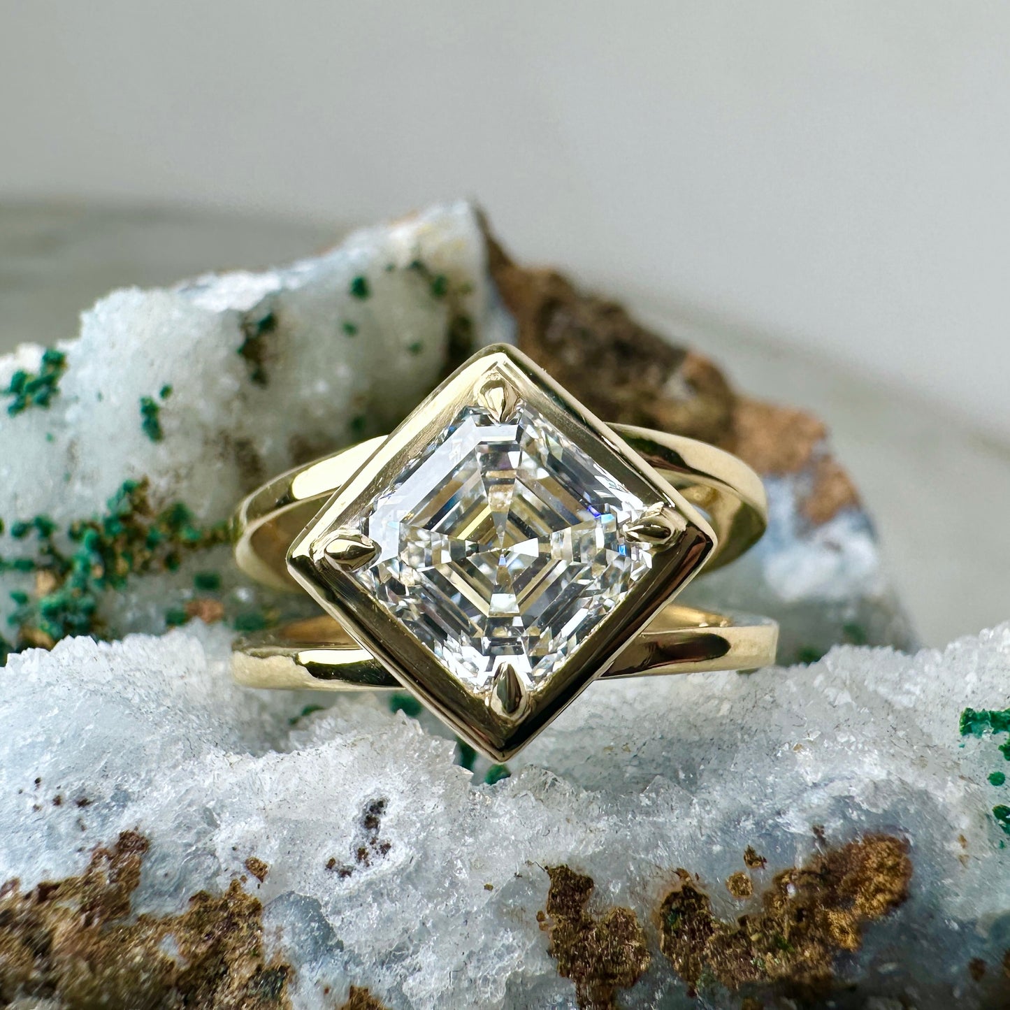 Asscher Cut Diamond Double Band Ring | 18k Yellow Gold