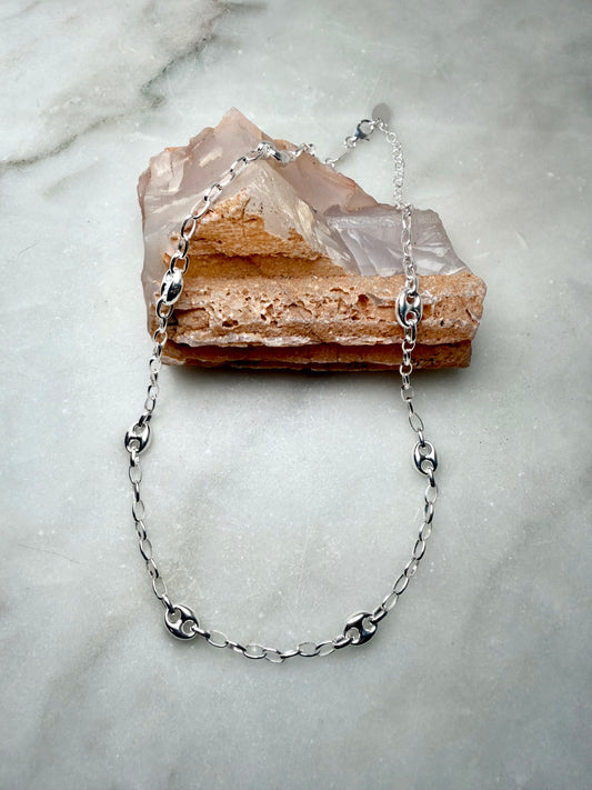 Chain with Puffed Anchor Link Stations | Sterling Silver