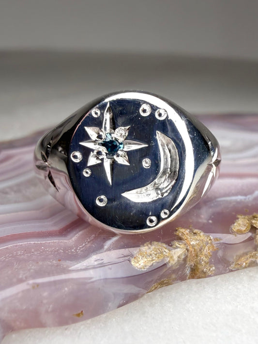 Celestial Signet Ring with Sapphire | Sterling Silver