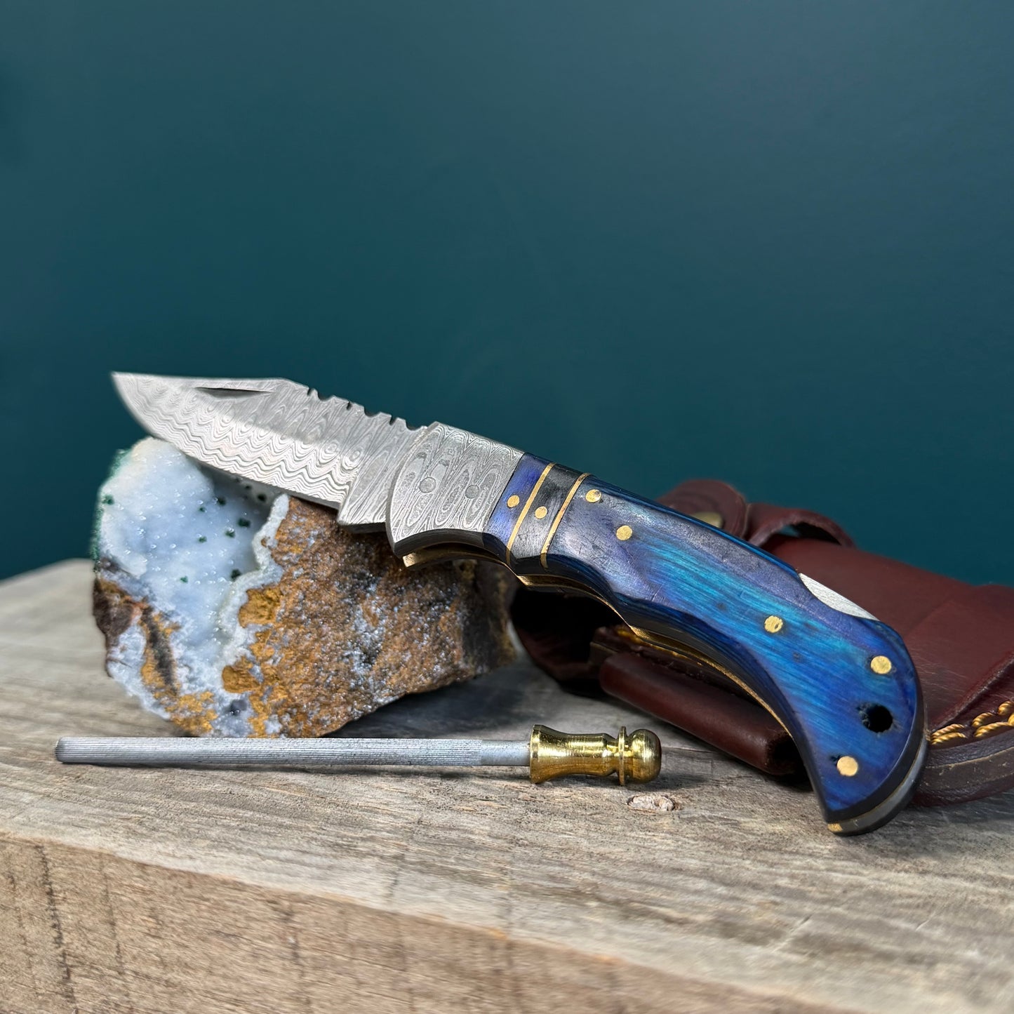 Blue & Black Wood Folding Knife with Leather Sheath