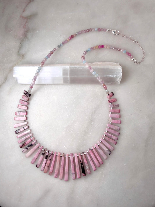 Pastel Pink Rhodonite & Tourmaline Statement Necklace | Sterling Silver
