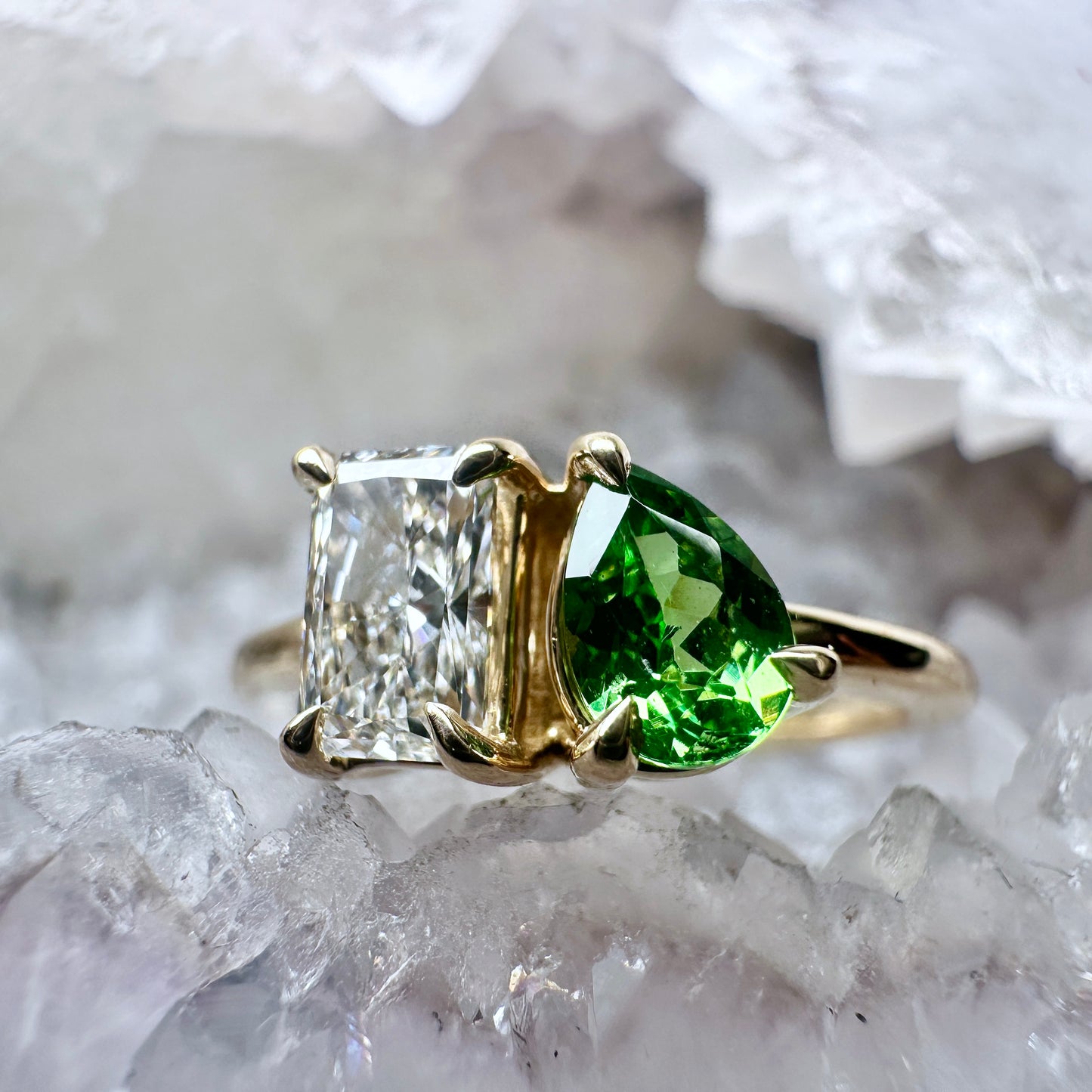 Lab Grown Diamond & Tsavorite Garnet Toi et Moi | 14k Yellow Gold
